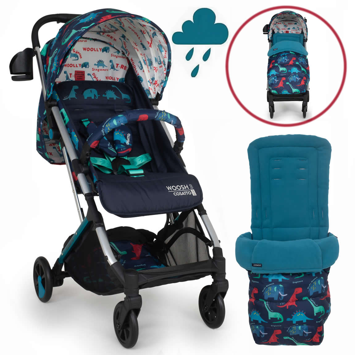 Cosatto Woosh 3 D is for Dino Stroller with Footmuff